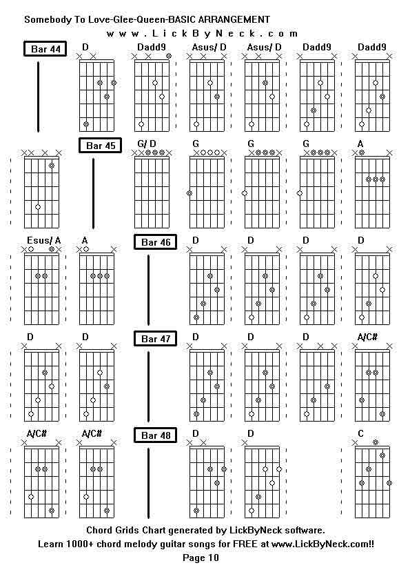 Chord Grids Chart of chord melody fingerstyle guitar song-Somebody To Love-Glee-Queen-BASIC ARRANGEMENT,generated by LickByNeck software.